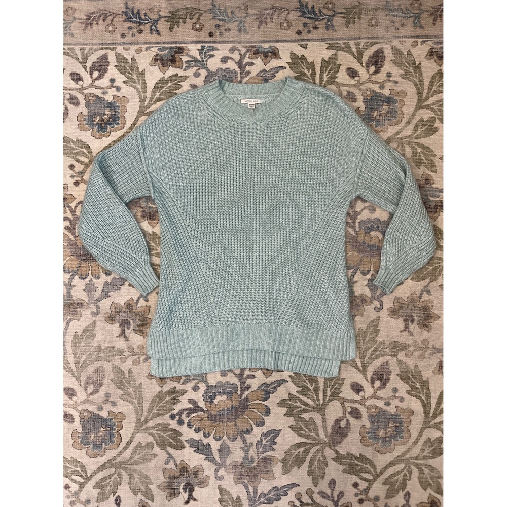 American Eagle Sweater Womens XS Green Excellent Shaker Knit Crewneck Slit Hem